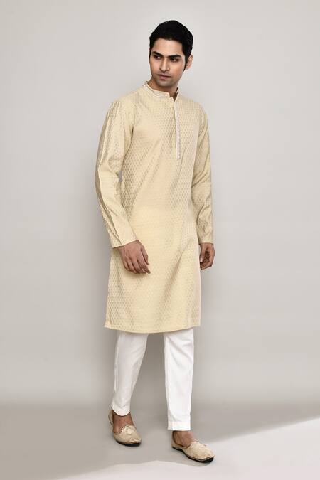 Shop_Arihant Rai Sinha_Yellow Brocade Embroidery Bloom Sitara Banaras Dobby Kurta 
