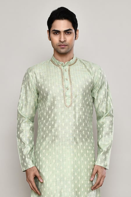 Buy_Arihant Rai Sinha_Green Chanderi Lace Flora Vine Woven Kurta _Online_at_Aza_Fashions