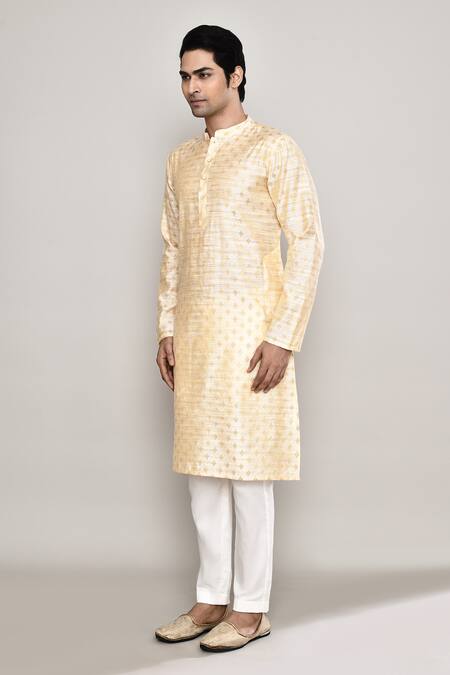 Shop_Arihant Rai Sinha_Peach Chanderi Embroidery Diamond Blossom Woven Kurta _Online_at_Aza_Fashions