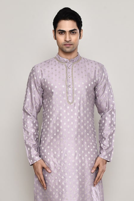 Arihant Rai Sinha_Purple Chanderi, Jacquard Lace Ditsy Crest Woven Kurta _Online_at_Aza_Fashions