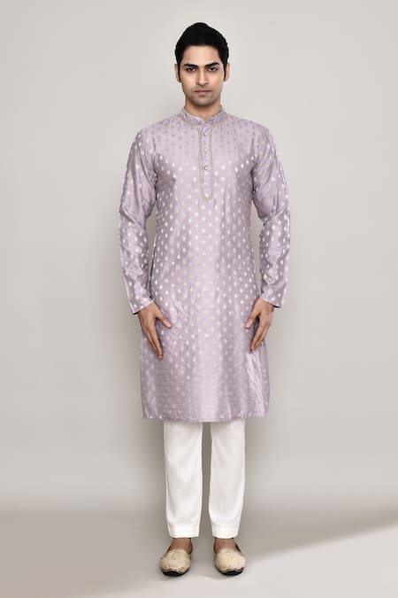 Buy_Arihant Rai Sinha_Purple Chanderi, Jacquard Lace Ditsy Crest Woven Kurta _Online_at_Aza_Fashions