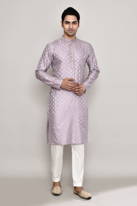 Shop_Arihant Rai Sinha_Purple Chanderi, Jacquard Lace Ditsy Crest Woven Kurta 