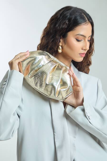 Boxwish By Bhumika_Gold Vintage Cloud Textured Clutch Bag _at_Aza_Fashions