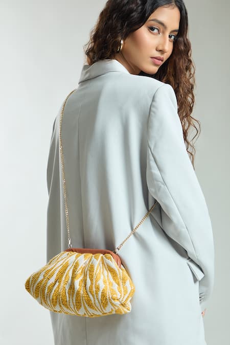 Buy_Boxwish By Bhumika_Yellow Woven Tribal Foliage Clutch Bag _Online_at_Aza_Fashions