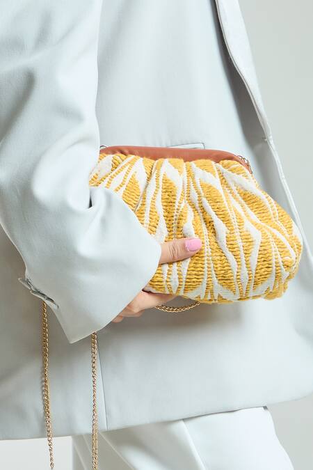 Shop_Boxwish By Bhumika_Yellow Woven Tribal Foliage Clutch Bag _Online_at_Aza_Fashions