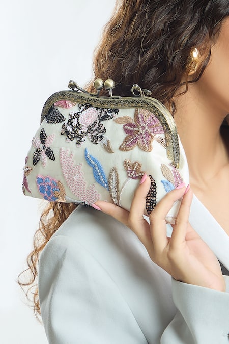 Boxwish By Bhumika_White Sequins, Embroidery Clutch Bag _Online_at_Aza_Fashions