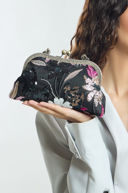 Shop Boxwish By Bhumika Black Sequins, Embroidery Florence Clutch at Aza Fashions Shop_Boxwish By Bhumika_Black Sequins, Embroidery Florence Clutch _at_Aza_Fashions