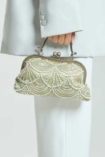 Shop Boxwish By Bhumika Beige Pearls, Cut Work Cutdana Clutch Bag at Aza Fashions Shop_Boxwish By Bhumika_Beige Pearls, Cut Work Cutdana Clutch Bag _at_Aza_Fashions