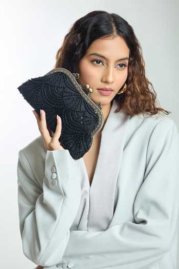 Boxwish By Bhumika Black Cut Work, Pearls Mermaid Embellished Clutch Bag Online at Aza Fashions Boxwish By Bhumika_Black Cut Work, Pearls Mermaid Embellished Clutch Bag _Online_at_Aza_Fashions