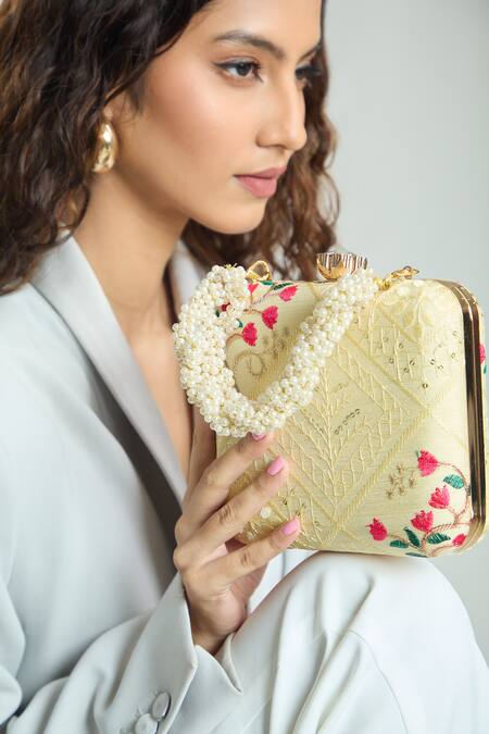 Boxwish By Bhumika Yellow Embroidery, Sequins Lucknowi Bloom Threadwork Clutch Bag at Aza Fashions Boxwish By Bhumika_Yellow Embroidery, Sequins Lucknowi Bloom Threadwork Clutch Bag _at_Aza_Fashions