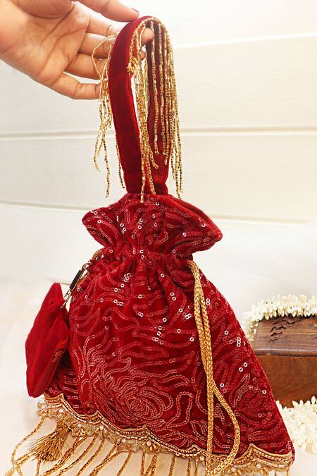 Soho Boho Studio By Aarti Thakur_Red Cut Dana Velvet Sequin Embellished Potli _at_Aza_Fashions