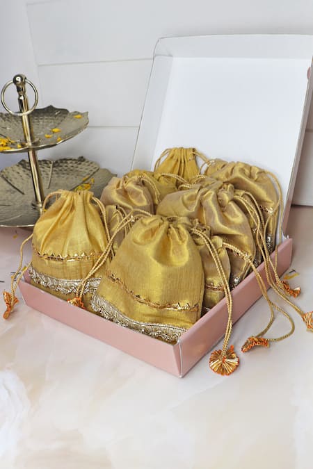 Soho Boho Studio by Aarti Thakur Gold Gota Lace Silk Embellished Potli - Set Of 10 