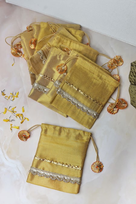 Shop_Soho Boho Studio By Aarti Thakur_Gold Gota Lace Silk Embellished Potli - Set Of 10 _Online_at_Aza_Fashions