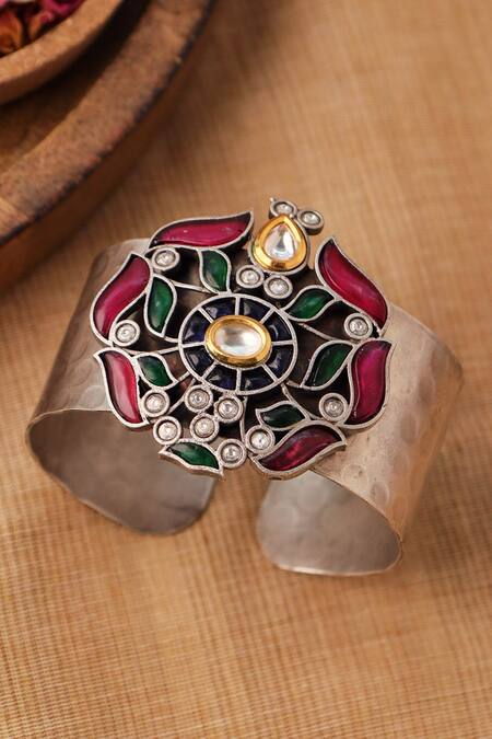 Shop Curio Cottage Silver Plated Stones Gypsy Multi Cuff at Aza Fashions Shop_Curio Cottage_Silver Plated Stones Gypsy Multi Cuff_at_Aza_Fashions