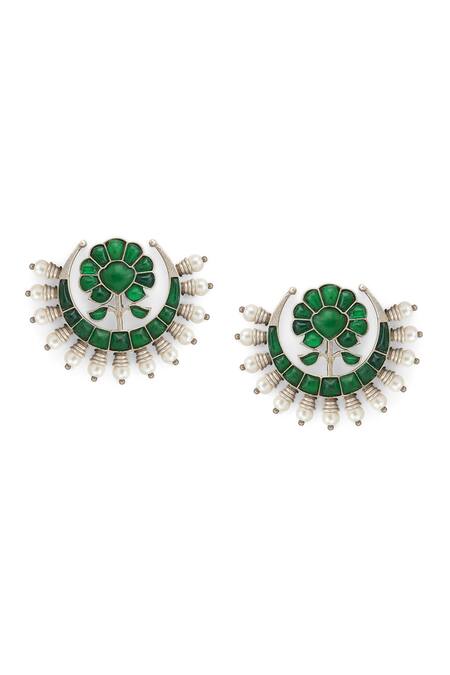Curio Cottage Green Pearls, Stones Gypsy Chandbali Earrings Online at Aza Fashions Curio Cottage_Green Pearls, Stones Gypsy Chandbali Earrings_Online_at_Aza_Fashions