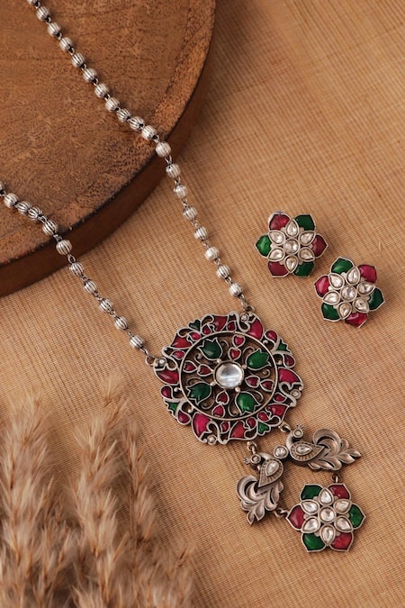 Shop Curio Cottage Silver Plated Stones Gypsy Spring Bling Long Necklace Set at Aza Fashions Shop_Curio Cottage_Silver Plated Stones Gypsy Spring Bling Long Necklace Set_at_Aza_Fashions