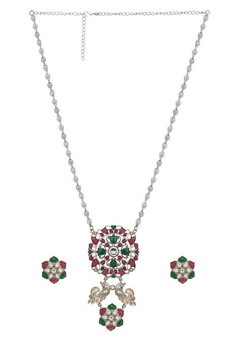 Buy Curio Cottage Silver Plated Stones Gypsy Spring Bling Long Necklace Set Online at Aza Fashions Buy_Curio Cottage_Silver Plated Stones Gypsy Spring Bling Long Necklace Set_Online_at_Aza_Fashions