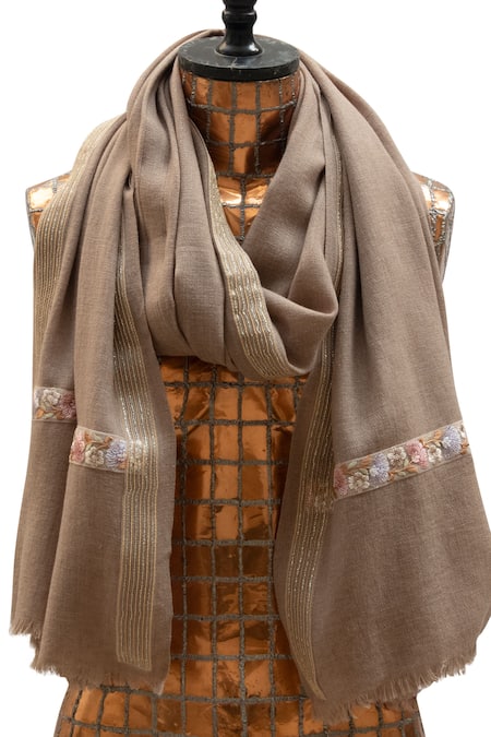 Pashma Brown Floral Embroidered Scarf 