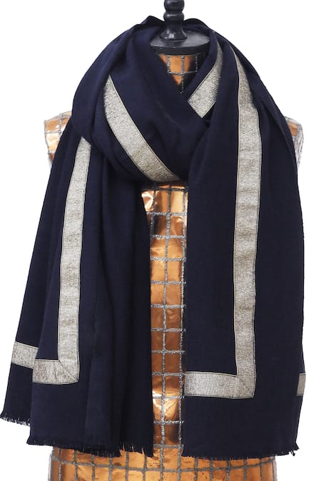 Pashma_Blue Silk Cashmere Border Scarf _Online_at_Aza_Fashions