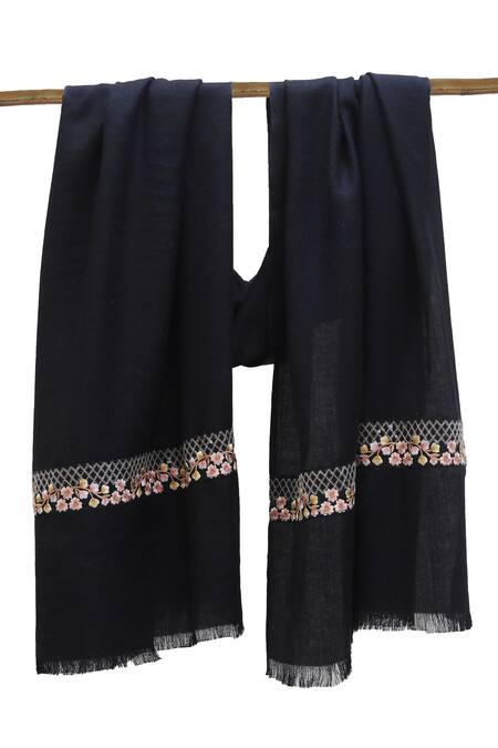 Buy_Pashma_Black Floral Silk Cashmere Embroidered Scarf _Online_at_Aza_Fashions
