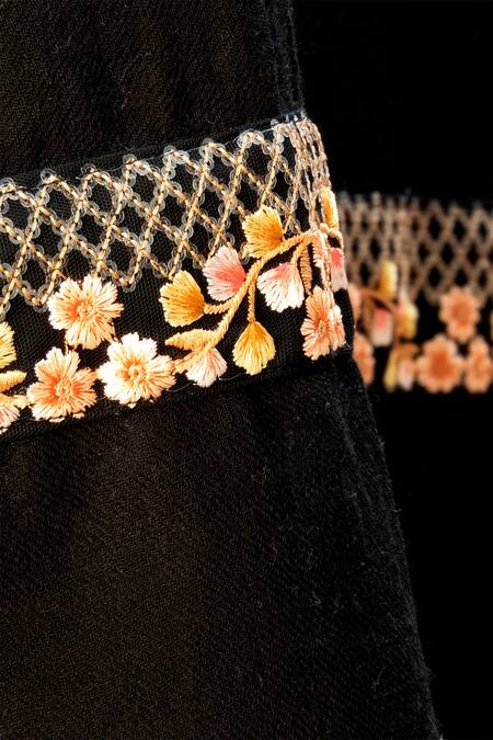 Pashma_Black Floral Silk Cashmere Embroidered Scarf _at_Aza_Fashions