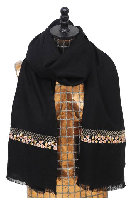 Shop_Pashma_Black Floral Silk Cashmere Embroidered Scarf 