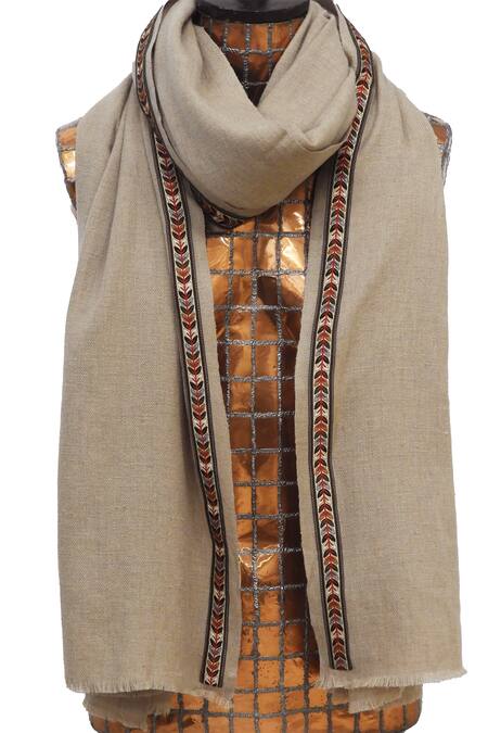 Pashma Brown Thread Lace Embroidered Scarf Online at Aza Fashions Pashma_Brown Thread Lace Embroidered Scarf _Online_at_Aza_Fashions