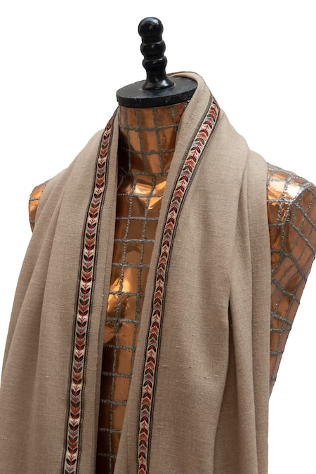 Pashma Brown Thread Lace Embroidered Scarf at Aza Fashions Pashma_Brown Thread Lace Embroidered Scarf _at_Aza_Fashions