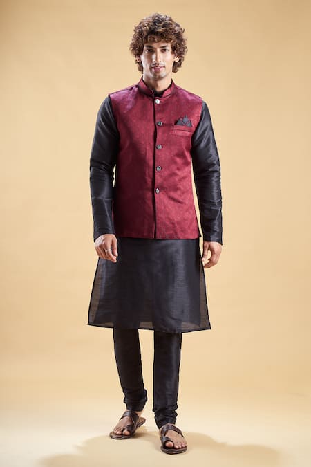Arihant Rai Sinha_Maroon Brocade, Silk Stones, Embroidery Embellished Nehru Jacket And Churidar Set _Online_at_Aza_Fashions