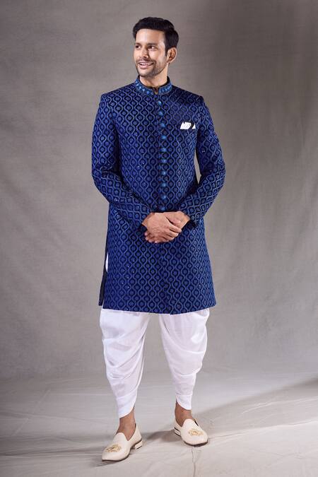 Shop_Arihant Rai Sinha_Blue Velvet Sequins, Beads, Embroidery Floral Jaal Sherwani With Dhoti Pant _Online_at_Aza_Fashions