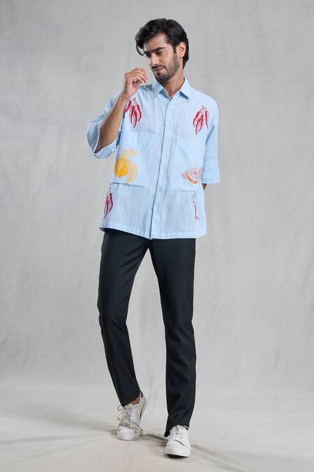 Aryavir Malhotra_Blue Cotton Embroidery Motif Hand Painted Shirt _at_Aza_Fashions
