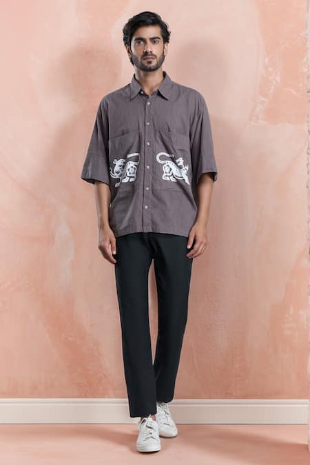 Arihant Rai Sinha Grey Cotton Hand Painted Cheetah Shirt 