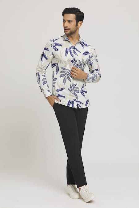 Buy_Arihant Rai Sinha_White Lycra Autumn Leaves Print Shirt 