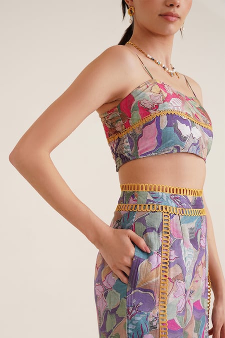 Sunandini_Purple Cotton Embroidery, Lace Sweetheart Neck Clara Floral Printed Bralette _at_Aza_Fashions