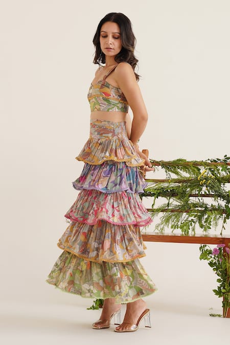 Shop_Sunandini_Multi Color Cotton Lace Gaia Floral Print Tiered Skirt _Online_at_Aza_Fashions