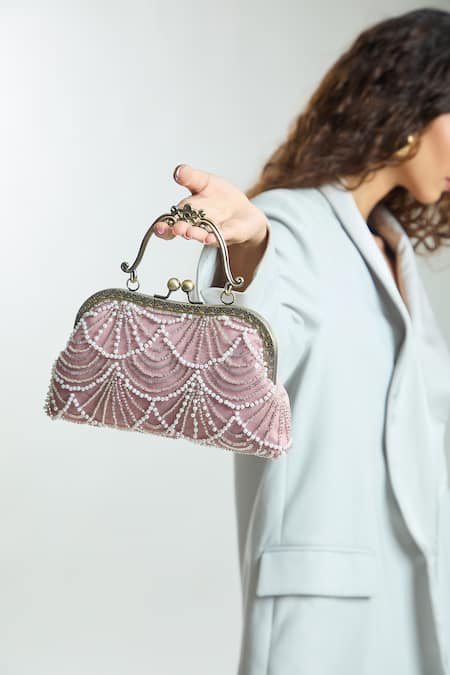 Boxwish By Bhumika_Pink Pearls, Cut Work Cutdana Embellished Clutch Bag _Online_at_Aza_Fashions