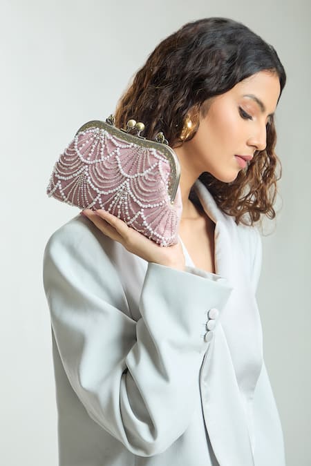 Buy_Boxwish By Bhumika_Pink Pearls, Cut Work Cutdana Embellished Clutch Bag _Online_at_Aza_Fashions
