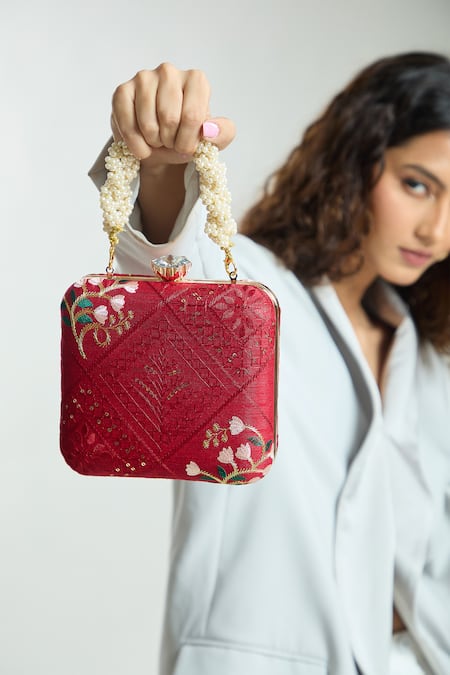 Boxwish By Bhumika Red Lucknowi Threadwork Clutch Bag 