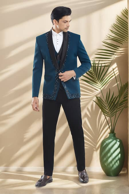 Aryavir Malhotra Bead Embroidered Tuxedo Set With Broach 