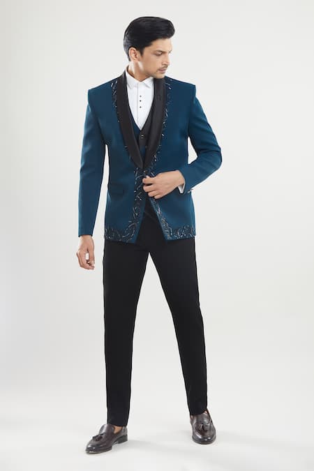 Buy Arihant Rai Sinha Blue Polyester Beads Embroidered Tuxedo Set With Broach Online at Aza Fashions Buy_Arihant Rai Sinha_Blue Polyester Beads Embroidered Tuxedo Set With Broach _Online_at_Aza_Fashions