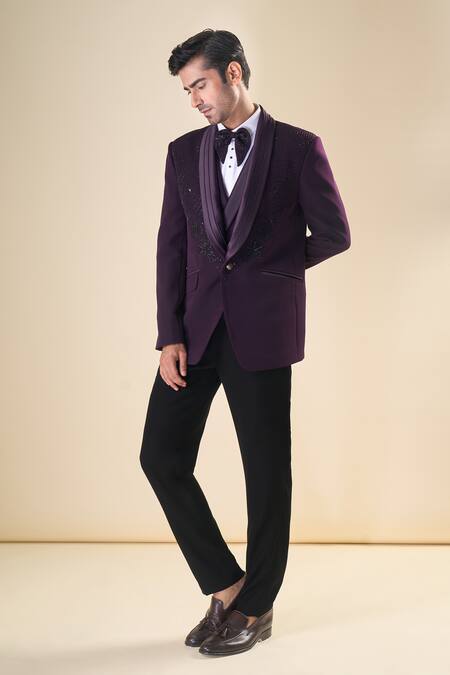 Buy_Arihant Rai Sinha_Purple Polyester, Cotton Sequins, Beads Hand Embroidered Tuxedo Bow Set 