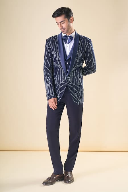 Arihant Rai Sinha_Navy Polyester, Cotton, Silk Cut Work Cutdana Hand Embroidered Tuxedo Set _Online_at_Aza_Fashions