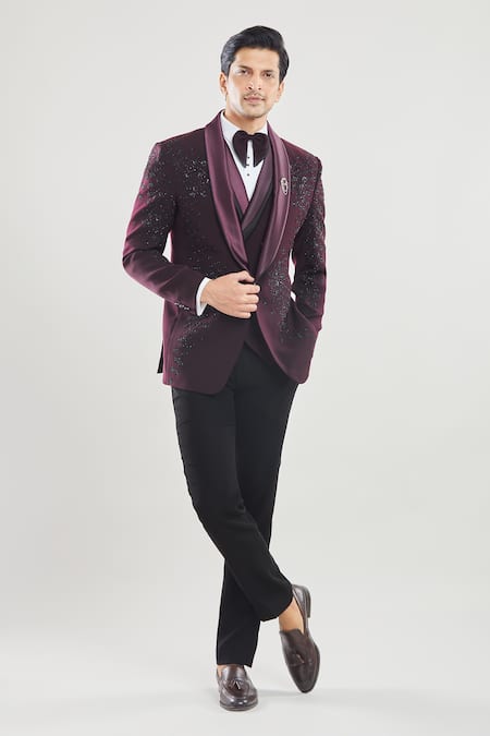 Shop_Arihant Rai Sinha_Maroon Polyester, Silk Beads Floral Embroidered Front Tuxedo Set With Bow 