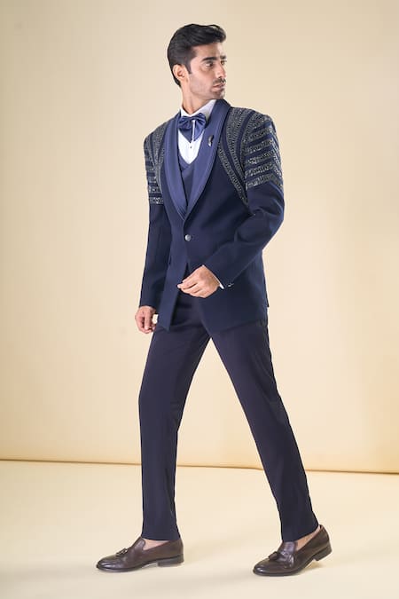 Buy_Arihant Rai Sinha_Blue Polyester, Silk Sequins, Beads Hand Embroidered Tuxedo Set With Bow 