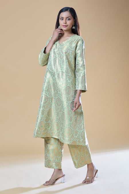 Buy_Samyukta Singhania_Green Brocade Embroidery V-neck Floral A-line Kurta With Pant _Online_at_Aza_Fashions
