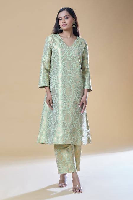 Shop_Samyukta Singhania_Green Brocade Embroidery V-neck Floral A-line Kurta With Pant _Online_at_Aza_Fashions