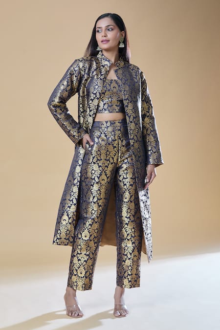 Shop_Samyukta Singhania_Blue Brocade Embroidery Square Neck Floral Long Blazer And Pant Set _Online_at_Aza_Fashions