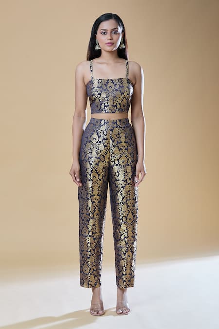 Shop_Samyukta Singhania_Blue Brocade Embroidery Square Neck Floral Long Blazer And Pant Set 