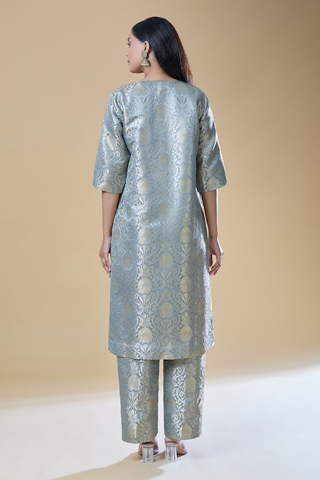Shop Samyukta Singhania Grey Brocade Embroidery Round Neck Floral Straight Kurta With Pant at Aza Fashions Shop_Samyukta Singhania_Grey Brocade Embroidery Round Neck Floral Straight Kurta With Pant _at_Aza_Fashions