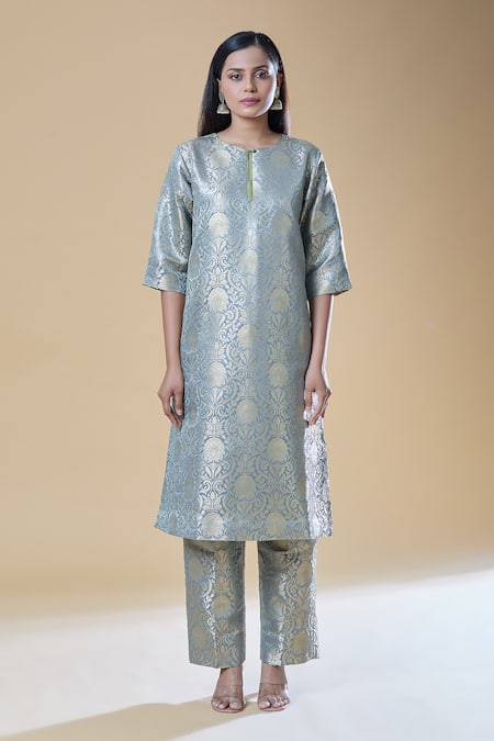 Samyukta Singhania Grey Brocade Embroidery Round Neck Floral Straight Kurta With Pant Online at Aza Fashions Samyukta Singhania_Grey Brocade Embroidery Round Neck Floral Straight Kurta With Pant _Online_at_Aza_Fashions